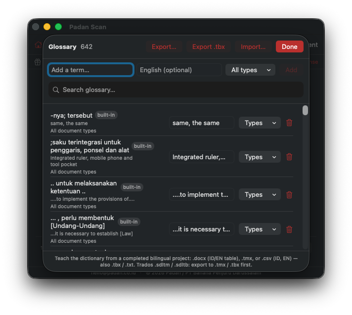 The Padan Scan glossary holding 642 bilingual Indonesian–English legal terms, with import and search.